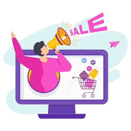 Advertising business concept. Man with a megaphone climbs out of a computer screen. Metaphor of promoting goods and services for potential customers, target audience. Flat vector cartoon illustration.のイラスト素材