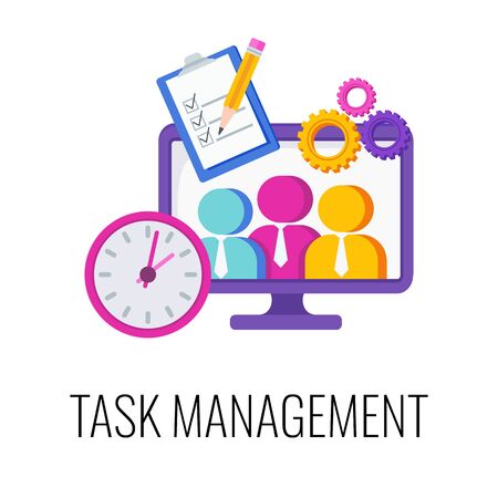 Task management Infographics Pictogram. Strategy and management. Planning and achieving goal. Increased success rates. Performance of tasks. Flat vector illustration.のイラスト素材