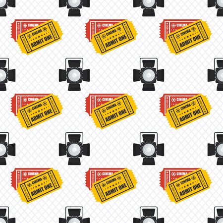 Cinema seamless pattern. Wallpaper spotlight, projector and film ticket.のイラスト素材