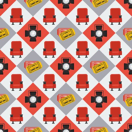 Cinema seamless pattern. Wallpaper with armchair, film ticket and spotlight.のイラスト素材