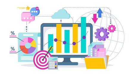 Digital marketing concept banner. Computer and documents, graphs and reports. Strategy, management and marketing. Successful business of company in market. Flat vector illustration.のイラスト素材