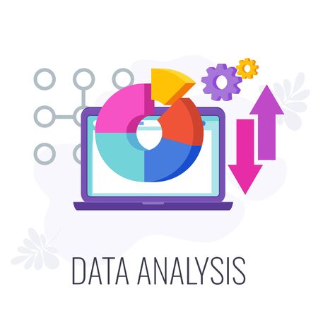 Data analysis icon. Market research. Chart and arrows on laptop screen. Define objective and problem. Call to action. Data collection and data processing. Flat vector illustrationのイラスト素材