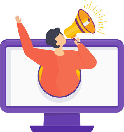 Man with a megaphone climbs out of a computer screen.のイラスト素材