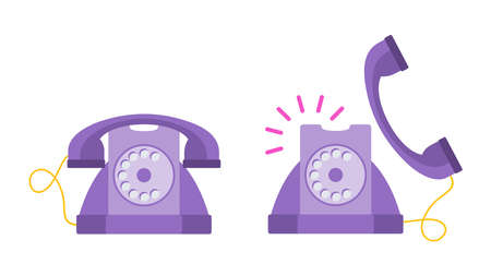 Lilac Retro, old fashioned phone. Flat vector cartoon illustration.のイラスト素材