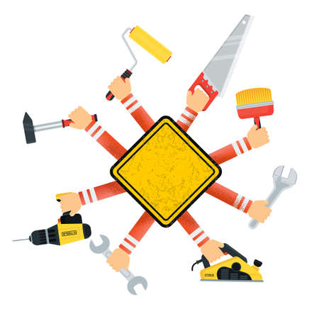 Manual and power tools in the hands of buildersのイラスト素材