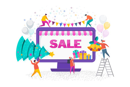 Christmase sale in online store flat vector card.