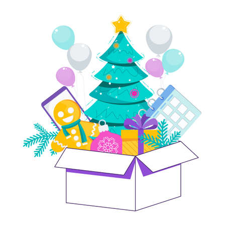 Christmas tree in a large box with gifts and sweets.のイラスト素材