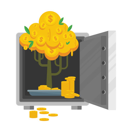 Open bank safe with money tree. Flat vector cartoon illustrationのイラスト素材