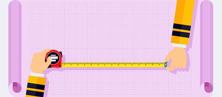 Measuring tape in the hands of a man. Template for a posterのイラスト素材