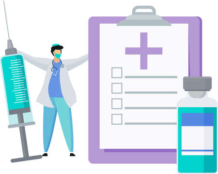 Vaccination schedule. Doctor with huge syringe and dose of vaccine.のイラスト素材