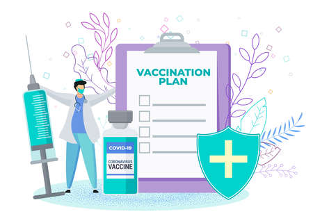 Vaccination schedule. Doctor with huge syringe and dose of vaccine.のイラスト素材