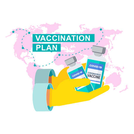 Global vaccination plan. Bottles with vaccine in hands of doctorのイラスト素材