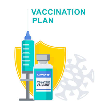 Vaccination plan concept. Huge syringe and a vial with a vaccine,のイラスト素材