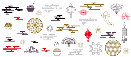 Set of Chinese new year greeting card decoration. Knot of happiness.のイラスト素材