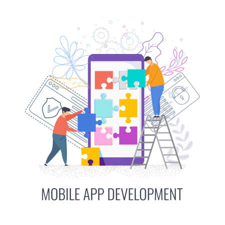 Young small men collect Touchscreen phone as a jigsaw puzzle.のイラスト素材