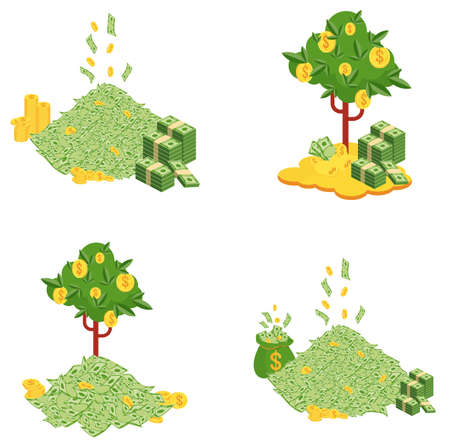 Pile of money and money tree. Huge packs of paper money.のイラスト素材