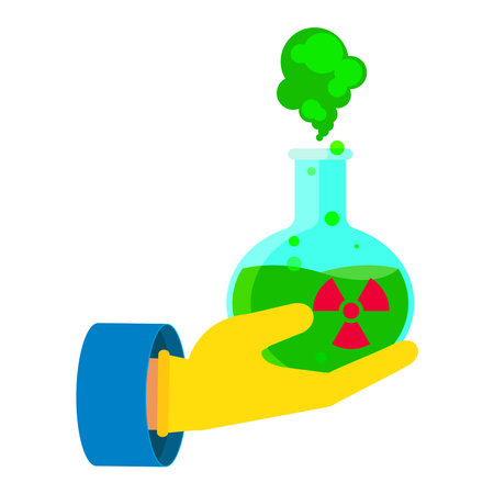 Hand in protective glove holding flask with toxic chemicalsのイラスト素材