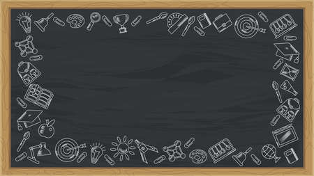 Chalkboard with Handdrawn chalk school supplies icon.のイラスト素材