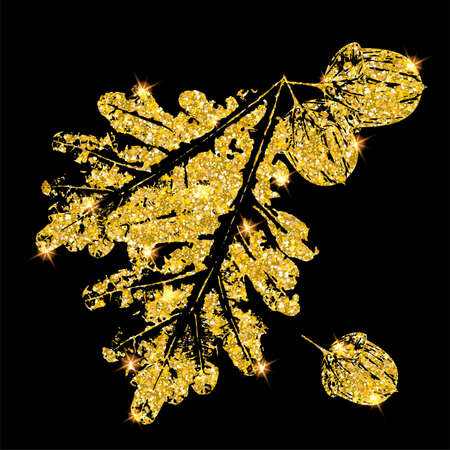 Vector golden luxury oak Leaf print on black.のイラスト素材