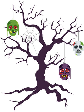 Zombie heads hang from a gnarled dry tree.のイラスト素材