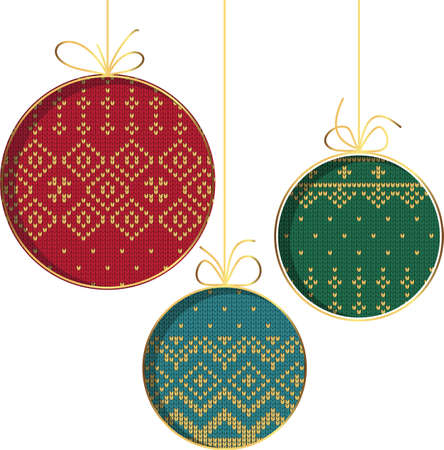 Christmas tree ball. Handmade embroidered or knitted ornamentのイラスト素材