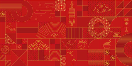 Geometric chinese pattern. Red golden asian luxury ornament.