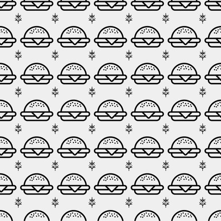 Burger seamless pattern. Hamburger motif. Fast food line emblem ornamentのイラスト素材