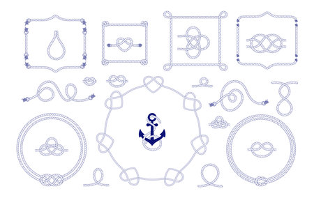 Nautical rope knots, frames and border set. Seamless decorative marine ropeのイラスト素材