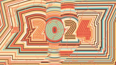 2024 New Year card. Retro 70s striped style. Old faded striped signboardのイラスト素材