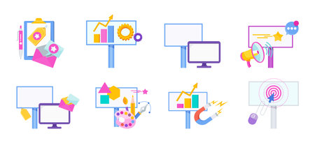 Advertising and promotion icons set. Promotion strategy. Digital Marketing.のイラスト素材