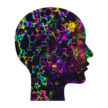 Woman profile. Silhouette of head with concentric psychedelic pattern.の写真素材