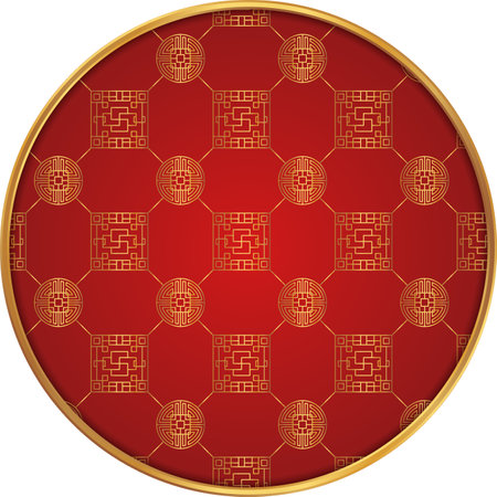 Chinese round frame. Chinese pattern circle. Luxury red golden line ornament.のイラスト素材