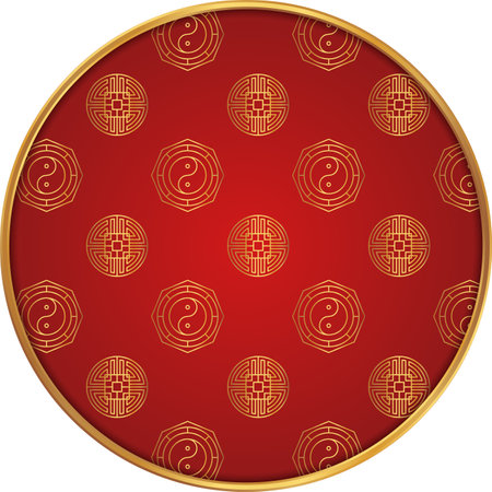 Chinese round frame. Chinese pattern circle. Luxury red golden line ornament.のイラスト素材