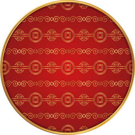 Chinese round frame. Chinese pattern circle. Luxury red golden line ornament.のイラスト素材