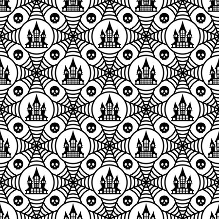 Symmetrical spider web and vampire castle seamless pattern.のイラスト素材