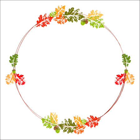 Autumn leaf circle frame. Leaves stamp print round decor. Grunge folage imprintsのイラスト素材