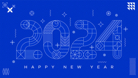 Blue simple 2024 modern geometric New Year card. Grid based design.のイラスト素材