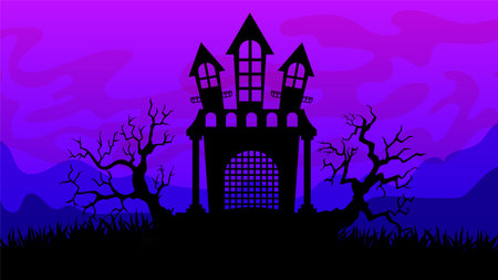 Gloomy ominous Halloween landscape. Spooky castle, dead treesのイラスト素材