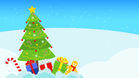Cute Xmas tree and gift boxes. Merry Christmas and Happy New Yearのイラスト素材