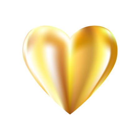 Golden realistic heart icon on white background. 3d vector illustration.のイラスト素材