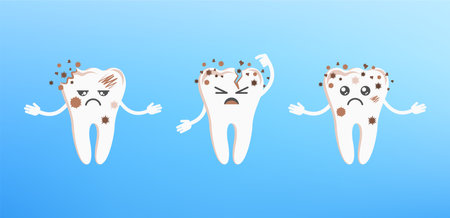 Funny cute smile and sad teeth characters. Dental health.のイラスト素材