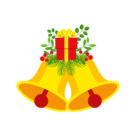 Two Christmas bells with gift box and floral garland.のイラスト素材