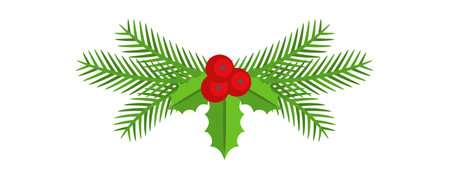 Christmas floral border. Spruce evergreen branch, poinsettia and holly berryのイラスト素材