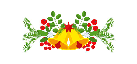 Christmas garland with bells and plant branches, flowers and berries.のイラスト素材