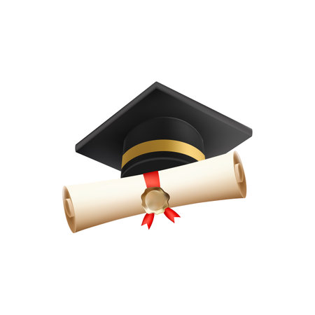 3d diploma scroll with graduate hat. Vintage roll paperのイラスト素材