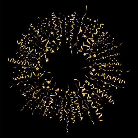 Golden serpentine ribbons frame. Confetti round banner. Luxury streamerのイラスト素材