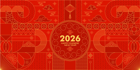 2026 Happy Chinese New Year card. Red gold Lunar calendarのイラスト素材