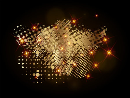 Gold grunge halftone spot. Golden dotted brushstroke bgのイラスト素材