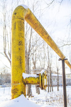 yellow pipes with gas in the russian cityの写真素材