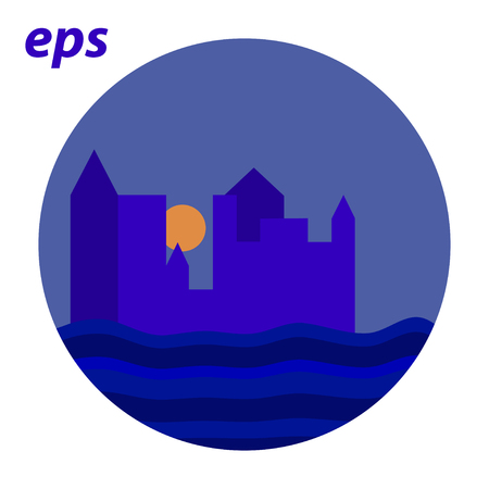 blue paper city on the water in the circleのイラスト素材